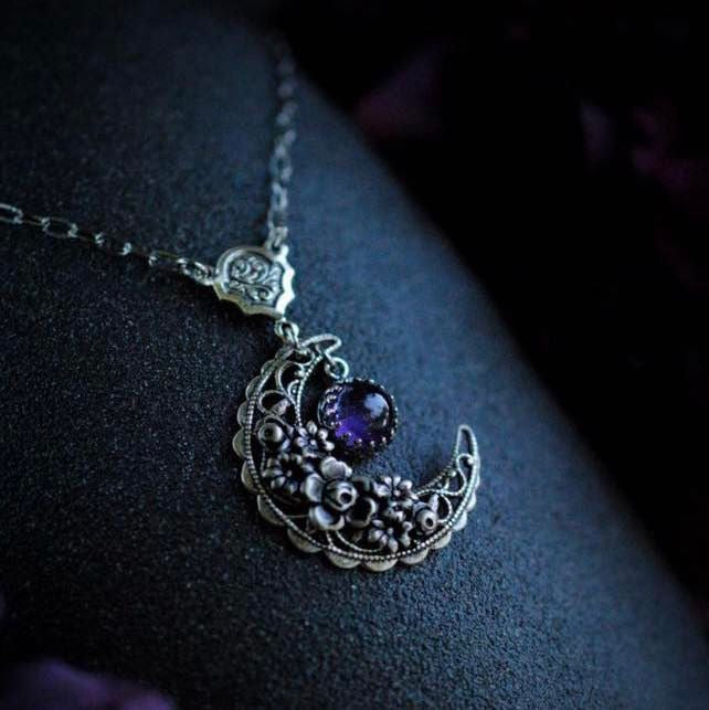 Amethyst Floral Moon Necklace